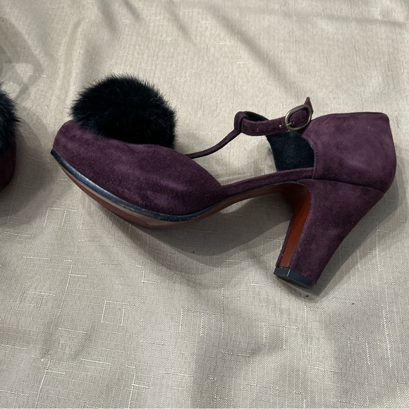 Chie Mihara Burgundy Suede Pompom Platform Heels Sz 7 (37.5) - Picture 8 of 13